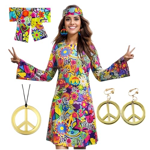 Ymoryiyi Damen 70er Jahre Hippie Kostüm Komplettset mit Blumenkleid, Stirnband & Peace-Schmuck (XXL) - Faschingskostüme Damen für Karneval, Fastnacht & Mottopartys von Ymoryiyi