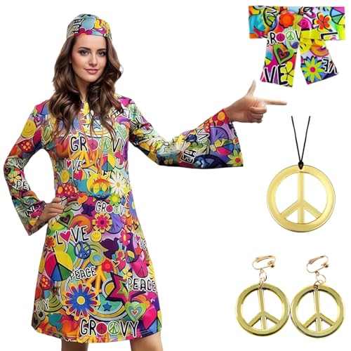 Ymoryiyi Damen-Hippie-Kleidung 70er & 60er Jahre Outfit Set mit Stirnband, Peace-Halskette + Ohrringen – XXL Retro-Kostüm für Motto-Party, Karneval, Disco & Halloween von Ymoryiyi