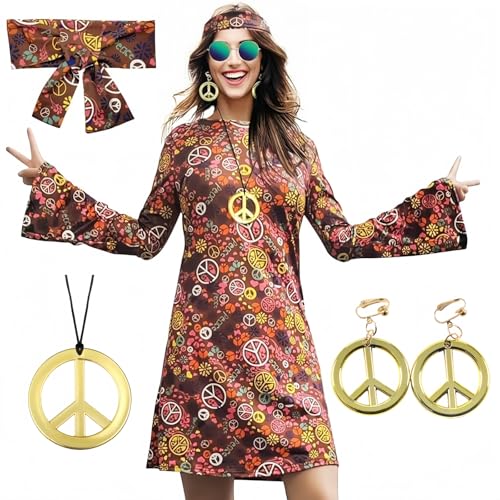 Ymoryiyi Damen Hippie-Outfit 70er Jahre Komplettset - Blumenkleid mit Stirnband, Peace Halskette & Ohrringen für Fasching, Karneval und Mottopartys (Gr. XXL) von Ymoryiyi