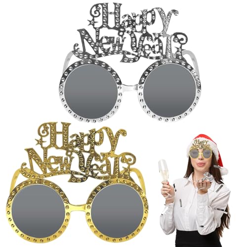 2 Stück Happy New Year Brillen, Neujahrsdekorationen 2025 Brillen Neuheit Kunststoff Party Brillen, Silvester Party Requisiten Dekorationen Zubehör & Zubehör für Frauen Männer Jungen Mädchen (Gold von Ymxil