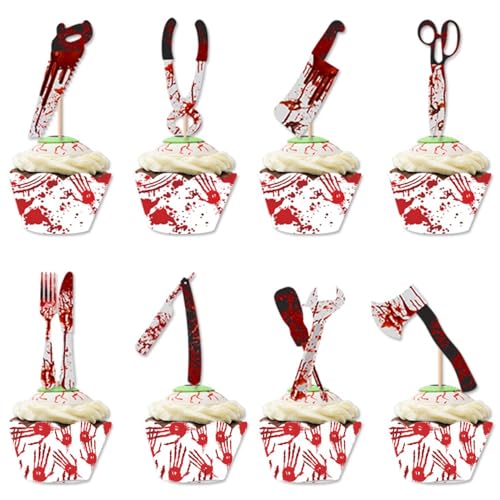 Halloween Muffin Deko Set - 8Stk Halloween Cupcake Toppers & Wrappers, Halloween Gruselig Deko Cupcake Toppers Wrappers Spieße, Tortendeko Halloween Kuchen Deko Horror Party Zubehör von Ymxil