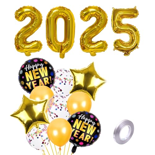 Silvester Deko 2025 Happy New Year Luftballons, Happy New Year Gold Star Folienballons Konfetti Luftballons, 16 Inch große Selbstaufblasende Heliumballons Happy New Year Party Deko Supplies von Ymxil