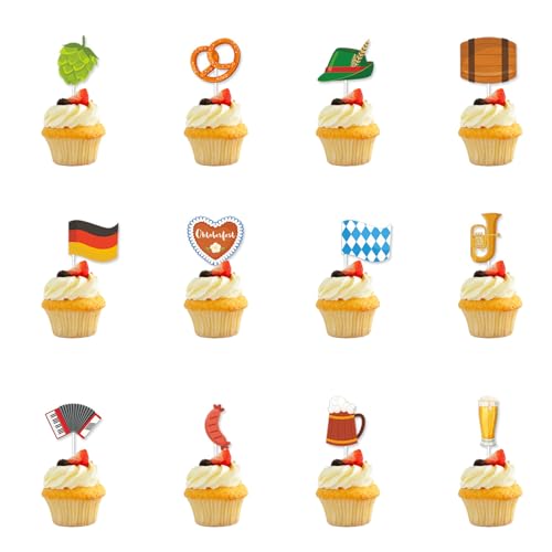 Tortendeko Oktoberfest, 12Stk Muffin Deko Oktoberfest Cupcake Toppers Bayrische Party Kuchen Deko Lebensmittel Obst Cocktail Picks, Oktoberfest Deko Cake Toppers Party Zubehör von Ymxil