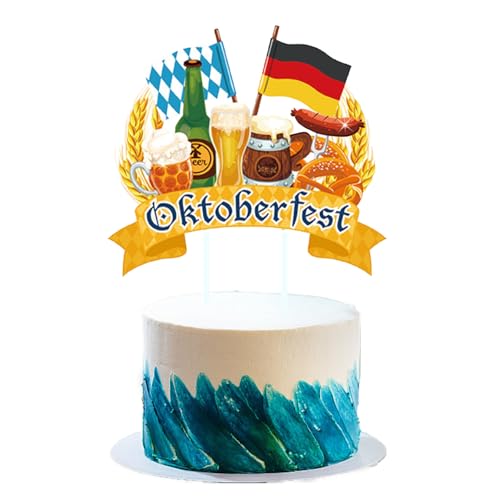 Tortendeko Oktoberfest, Oktoberfest Cake Topper Bayrische Party Kuchen Deko mit Deutsche Flagge/Blau Weiße Diamante Flagge/Bierkrüge Muster, Oktoberfest Deko Cake Topper Party Zubehör (15 * 14.8cm) von Ymxil