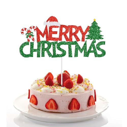 Tortendeko Weihnachten, Weihnachten Cake Topper Merry Christmas Kuchen Deko Glitzer Rot Grün Tortendeko Candy Cane Weihnachtsbaum Cake Topper Weihnachts Party Zubehör (18 * 16cm) von Ymxil