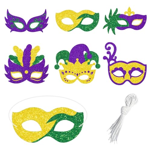 Ymxil 6pcs Karneval Papier Augenmasken Karneval Party Kostüm Zubehör Selfie Foto Requisiten Maskerade Party Dekorationen Glitzer Gold Lila Grün Feder Muster Papier Masken Ball Party Supplies von Ymxil