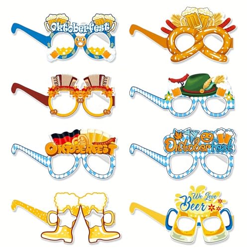 Ymxil 8Stk Oktoberfest Brillen, Oktoberfest Deko Lustige Papier Brillen Bayrisch Party Dekoration Foto Requisiten Maskerade Masken Kostüm Accessoires für Erwachsene Kinder von Ymxil