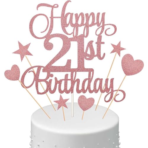 Happy Birthday Cake Topper 21st 23pcs Rose Gold Glitter Happy 21st Birthday Cake Topper Kit with Star Heart Paper Fan Cupcake Topper for Girls 21st Birthday Party Cake (Rose Gold) von Ynkkvre