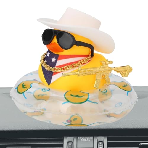 Ynnhik Gummi-Auto-Ente - Armaturenbrett, West Cowboy Duck Zubehör | Gelbe Gummiente mit Mini-Sonnenhut, Halskette und Sonnenbrille für den Esstisch am Armaturenbrett im Auto von Ynnhik