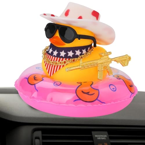 Ynnhik Gummi-Auto-Ente - Armaturenbrett, West Cowboy Duck Zubehör für Armaturenbrett, Gelbe Gummiente mit Mini-Sonnenhut, Schwimmring, Halskette und Sonnenbrille für den Esstisch von Ynnhik