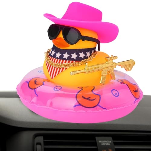 Ynnhik Gummi-Auto-Ente - Armaturenbrett, West Cowboy Duck Zubehör für Armaturenbrett, Gelbe Gummiente mit Mini-Sonnenhut, Schwimmring, Halskette und Sonnenbrille für den Esstisch von Ynnhik