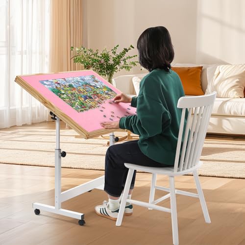 Holz-Puzzle-Tisch für Erwachsene und Kinder, Puzzle-Aufbewahrung, zusammenklappbarer Kipptisch mit Höhenverstellung und Rädern, tragbares Brett für Spiele, Geschenk für Puzzle, Amateu (Rosa, 1500 von Ynredee