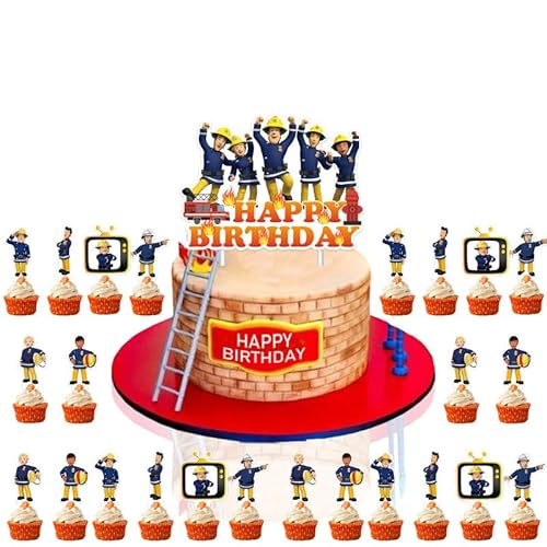 25 Stück Feuerwehrmann Tortendeko Feuerwehr, Kuchen DekoTopper, Cartoon Torte Topper Set, Karikatur Cupcake Topper Feuerwehrmann, Kuchendeko Geburtstag Party Supplies für Kinder von Yoimckay