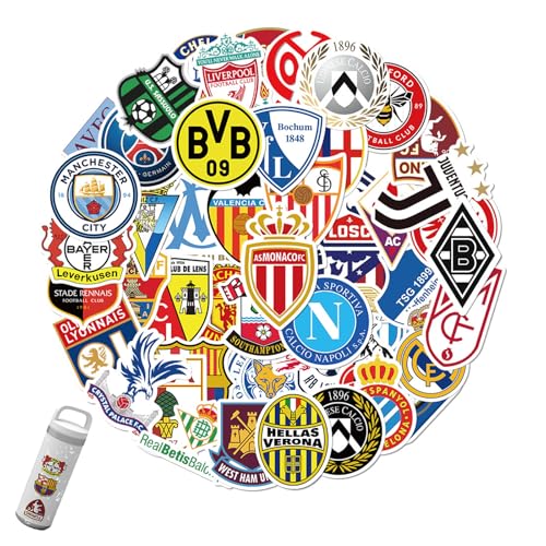 50 Stück Fußball Club Sticker Set, Logo der Fußball-Aufkleber,Fußball Team Logo,Wasserdichte Vinyl Aufkleber, Fußball Match Decals für Wasserflaschen, Gepäck, für Kinder Jugendliche Erwachsene von Yoimckay