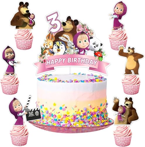 Masch 3 Geburtstag Kuchen Deko Set 7 Stück Maschch Cupcake Topper,Maschs Muffin Kuchen Topper,Geeignet für Kinderparty,Babyparty von Yoimckay