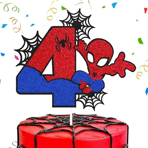 Spider Tortendeko 4 Jahre Geburtstag Dekoration, Cupcake Dekoration,Cool Spider Anime Tortendeko Glitter Kindergeburtstag Kuchen Deko, Thema Partyzubehör Tortenaufleger für Jungen Mädchen von Yoimckay