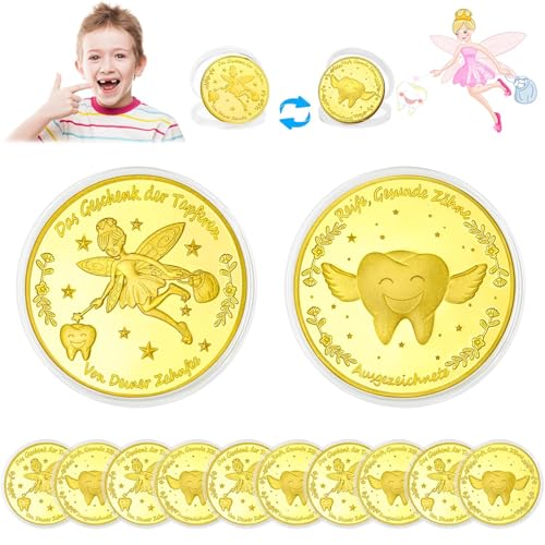 Yoimckay 10 Stück Zahnfee Münzen, Zahnfee Geschenk Mädchen Jungen, Tooth Fairy Coins, Goldmünzen Kinder,Verlorenen Zahn Kinder, Ideen Die Verlorenen Zahn Kinder Souvenir, Zahnfee Geschenke Ideen von Yoimckay