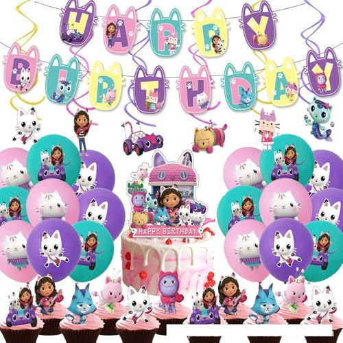 Yoimckay 44 Stück Dekoration für Kindergeburtstag Set, 15 Geburtstag Banner, 18 Latexballons, 25 Cartoon Cake Topper, Thema Geburtstag Deko, Party Dekoration für Kinder Junge Mädchen, Kawaii von Yoimckay