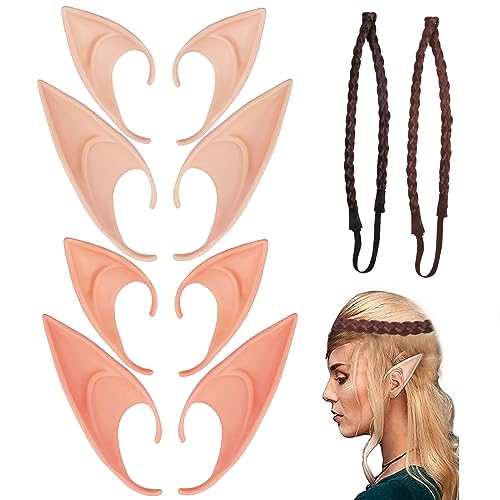 Yoirzit Elfenohren 4 Paar, Weiche Spitze Cosplay Elf Ohren mit 2 Stück Haargeflecht Stirnband, Elfen Vampir Elfenohren für Halloween, Weihnachten, Party, Anzieh, Kostüm, Maskerade, Zubehör von Yoirzit