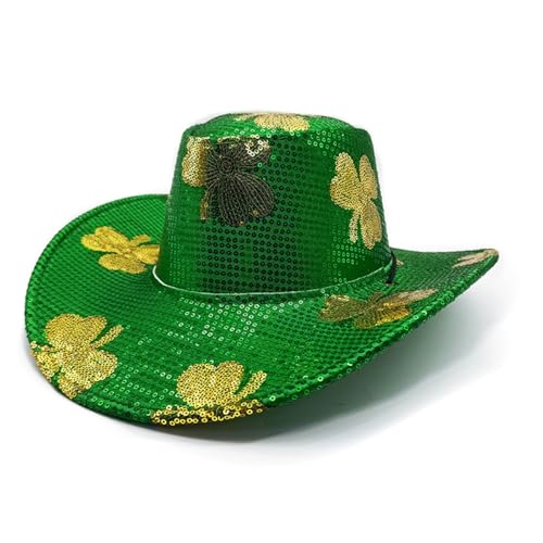 Yoisdtxc Cowboyhüte für St. Patrick's Day, Pailletten, Grün, St. Patrick's Day, Glücksklee, Cowgirl-Hut, irischer Urlaubshut für Damen und Herren, Grün, Einheitsgröße von Yoisdtxc