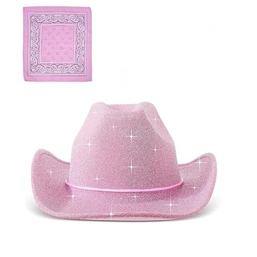 Yoisdtxc Cowgirl-Hut-Set, glänzender Cowboyhut mit Herz, Sonnenbrille, Halstuch, Foto-Requisiten (Rosa, 2 Stück) von Yoisdtxc