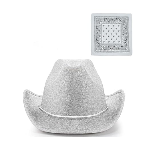 Yoisdtxc Cowgirl-Hut-Set, glänzender Cowboyhut mit Herz, Sonnenbrille, Halstuch, Foto-Requisiten (Weiß, 2 Stück) von Yoisdtxc