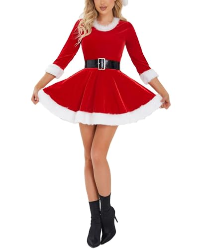 Yoisdtxc Damen Mrs. Claus Weihnachtsmann-Kostüm, Plüschbesatz, Samt, Rundhalsausschnitt, 3/4-Ärmel, Gürtel, Kleid mit Hut, Kostüm, Cosplay, Anzug (Rot, XL) von Yoisdtxc