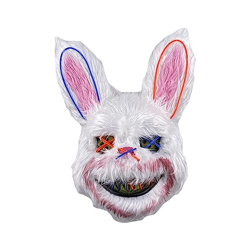 Yoisdtxc Gruselige Hasenmaske, leuchtende LED-Ausblasmaske, blutige Plüsch-Tierkopfmaske, Cosplay, Kostüm, Requisiten, Halloween, Ostern, Party (dunkelblau-rot, 24 x 33 x 12 cm) von Yoisdtxc