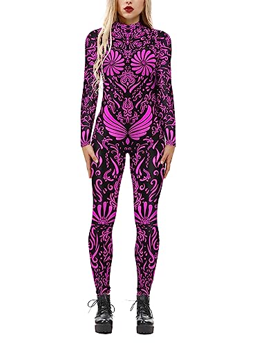 Yoisdtxc Halloween 3D Druck Damen COS Kostüm Langarm Bodysuit Horror Schädel Druck Kostüm Party Cosplay Kostüm (A-Lila, XL) von Yoisdtxc