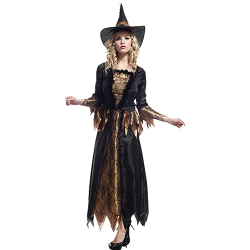 Yoisdtxc Halloween-Kleid für Damen, langärmelig, Spinnennetz, Patchwork, langes Kleid, Hexe, Cosplay-Kleid mit Hut (A-Schwarz, S) von Yoisdtxc