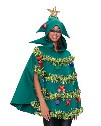 Yoisdtxc Weihnachtsbaum-Poncho-Kostüm, Lametta-Bommel, Schleife, Ornament, Kapuzenumhang, Weihnachtsbaum, Cosplay, Umhang (Grün, L) von Yoisdtxc