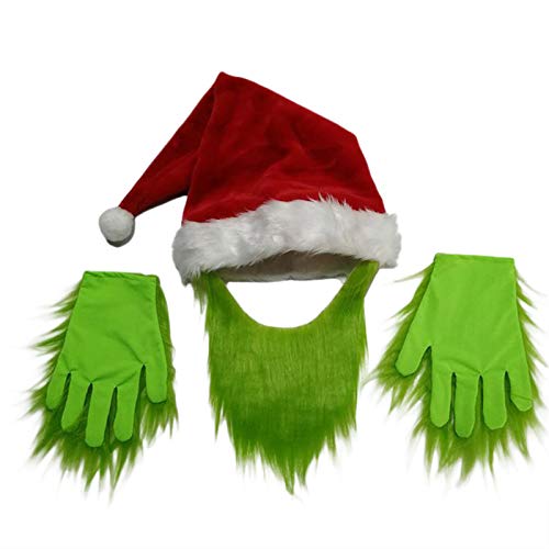 Yoisdtxc Weihnachtsmütze mit grünem Bart und pelzigen Handschuhen für Erwachsene, grünes Monster-Kostüm, Partyzubehör, Zubehör (grün, Handschuhe) von Yoisdtxc