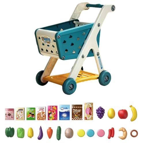 Yokawe Spielzeug-Einkaufswagen für Kinder, 25 Stück Obst und Gemüse zum Spielen von Lebensmitteln, Rollenspiel-Einkaufswagen zum Rollenspiel, Küchen-Rollenspielspielzeug für Jungen und Mädchen Blau von Yokawe