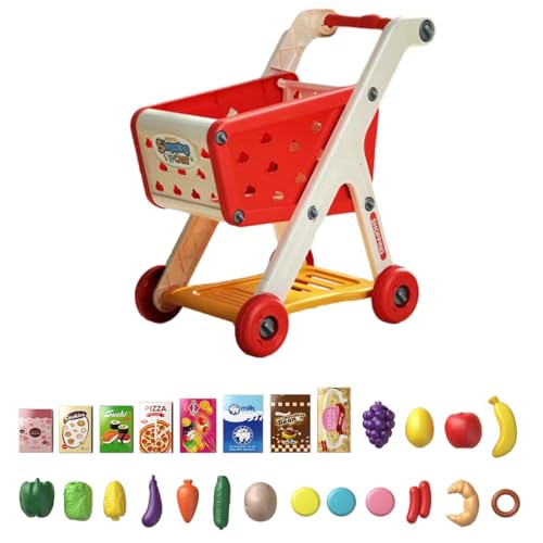 Yokawe Spielzeug-Einkaufswagen für Kinder, 25 Stück Obst und Gemüse zum Spielen von Lebensmitteln, Rollenspiel-Einkaufswagen zum Rollenspiel, Küchen-Rollenspielspielzeug für Jungen und Mädchen Rot von Yokawe