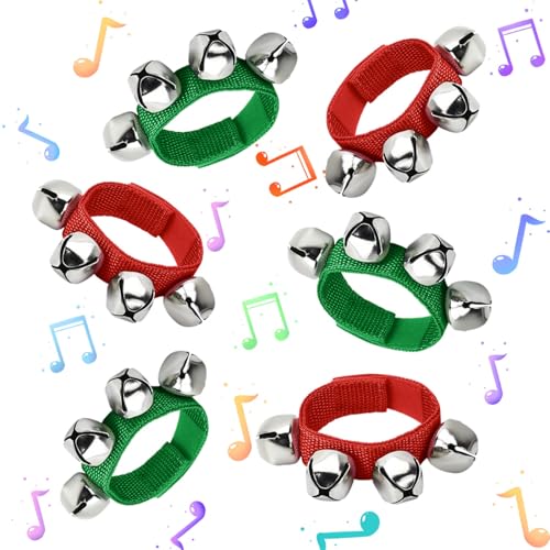 YoleShy 6 Stück Jingle Bells Instrument, Handgelenkglocken, Handglöckchen, Musikglocken, Instrument, Jingle Bell Armband, Knöchelglocken, Percussion, Partyzubehör, Weihnachtsglöckchen (rot und grün) von YoleShy