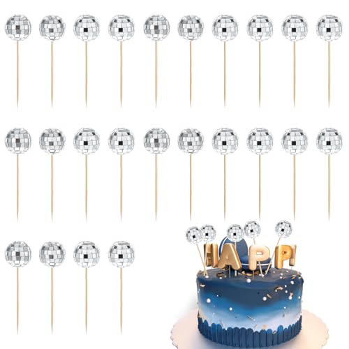 24 Stück Discokugel Kuchen Toppers Tortendeko Kuchenaufsätze 1970er Jahre Mini Disco Kugel Party Decorations 70er Jahre Cupcake Topper Mini Discokugel Spiegel Kuchen Halloween Deko mit Stäbchen von Yolev