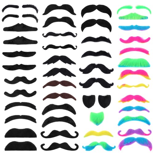 48 Stück Schnurrbart zum Ankleben 16 Stile Selbstklebend Künstlicher Bärte Bunt Gefälschte Schnurrbärte Färben Aufkleber Moustache Kostüm Halloween Maskerade Zubehör Fake Bart Farbe zum Ankleben von Yolev