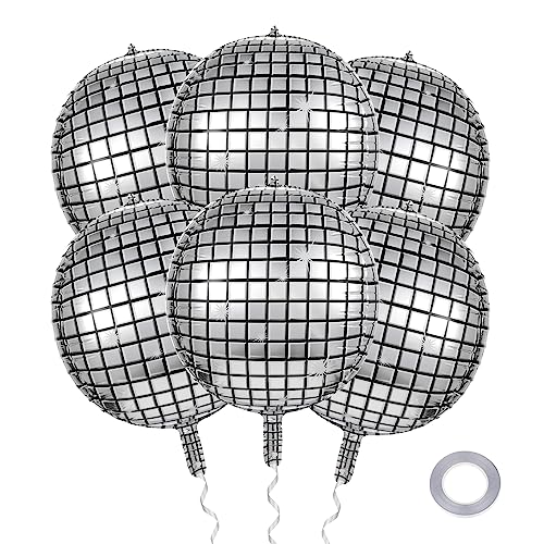 6 Stück Discokugel Luftballons 22 Zoll 4D Disco Luftballons Große Silber Metallische Spiegelfolienballons 80er Jahre Disco Motto Party Halloween Dekoration von Yolev