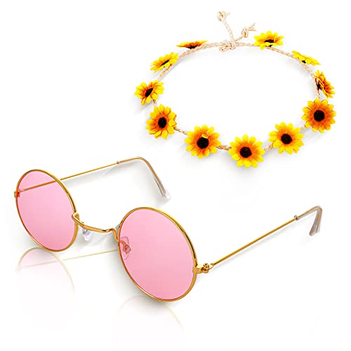 Yolev Hippie Accessoires 60er 70er Jahre Halloween Kleidungsset 80er Hippie Kleidung Damen Blumenkette Herren Party Accessoires Hippie Kleidungsset Enthält Hippie Brille（Brillenfarbe Zufällig） von Yolev