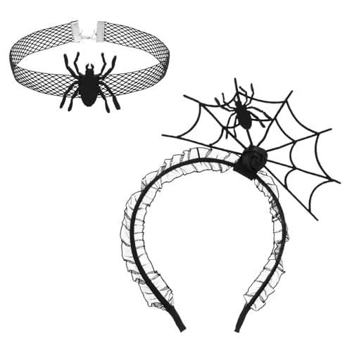 Yolev 2 Stück Halloween Haarreif Spinne Choker Schwarz Spinnennetz Halloween Spinnen Stirnband Teufel Kragen Party Cosplay Maskerade Halloween Kostüm Spinne Kopfbedeckungen von Yolev