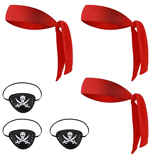 Yolev 6 Stück Piraten Kleidungs Zubehör Set Vintage Piraten Accessoires für Damen Inklusive 3 Rote Krawatten Stirnbänder Piraten Kopftuch 3 schwarze Piratenaugen Augenklappe Pirat kinder Halloween von Yolev