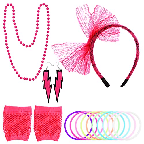 Yolev 80er Damen Jahre Outfit Set für Frauen mit Spitzen Stirnband Neon Blitz Ohrringe Netzhandschuhe Perlen Armband Halskette für Damen Mädchen 80er Jahre Retro Party Rosenrot von Yolev