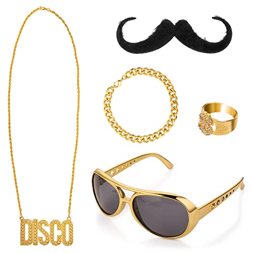 Yolev 80er Jahre Accessoires Herren Goldkette Hip Hop 60er 70er Hippie Kleidung Halloween Accessoires Set Disco Kostüm Damen Disco Kette Dollarzeichen Ring Sonnenbrille Bart Hippie Brille Mottoparty von Yolev