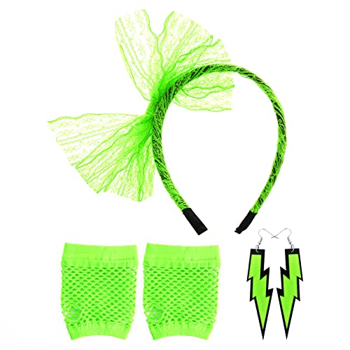 Yolev Damen 80er Jahre Retro Neon Kostüm Set Spitze Stirnband Neon Ohrringe Fingerlose Fischnetz Handschuhe für 80er Jahre Party Kostüm Zubehör (fluoreszierendes Grün) von Yolev