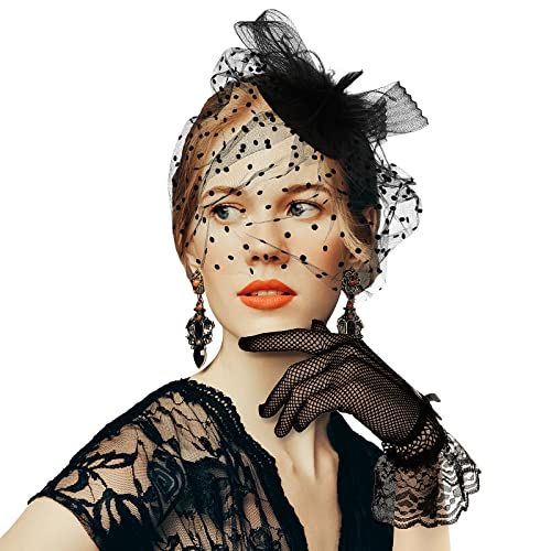 Yolev Fascinator Hut Spitzen Fischnetz Handschuhe Vintage Feder Spitzen Schleier Hut Damen Hochzeits Abend Kirchen Kostüm Zubehör Yolev Fascinator Hut Spitzen Fischnetz Handschuhe Vintage Feder Spitzen Schleier Hut Damen Hochzeits Abend Kirchen Kostüm Zubehör von Yolev