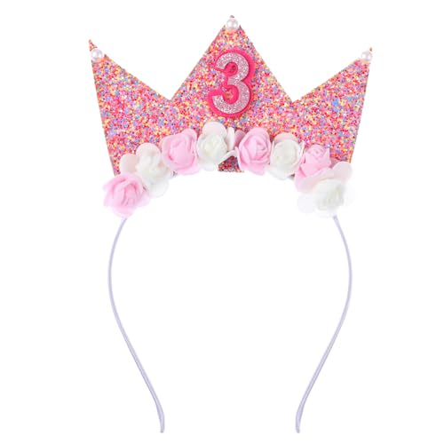 Yolev Geburtstagskrone 3 Geburtstag Mädchen Tiara für Kinder Prinzessin Krone Rosa Geburtstagsdekoration Geburtstag 3 Jahre Mädchen Glitzer Stirnband Partyhut für Kleinegeburtstag Krone Mädchen von Yolev