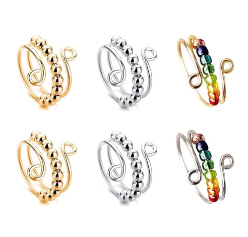 6 Stück Anti Stress Ring Set, Verstellbare Anxiety Ring mit Perlen, Akupressur Ring und Fidget Ring gegen Stress und Ängstlichkeit, Antistress Ring für Frauen Männer, Skills Ringe bei Panikattacken 6 Stück Anti Stress Ring Set, Verstellbare Anxiety Ring mit Perlen, Akupressur Ring und Fidget Ring gegen Stress und Ängstlichkeit, Antistress Ring für Frauen Männer, Skills Ringe bei Panikattacken von Yoljun