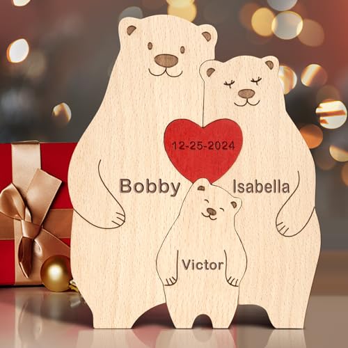 Personalisiertes Holzkunstpuzzle der Bärenfamilie mit 1-8 Namen,Holz Bär Tier Skulpturen Desktop Ornament Heim Büro Tischdekoration Ideen Geschenk für Weihnachts Jubiläum Muttervatertag Geburtstag von Yolnkos