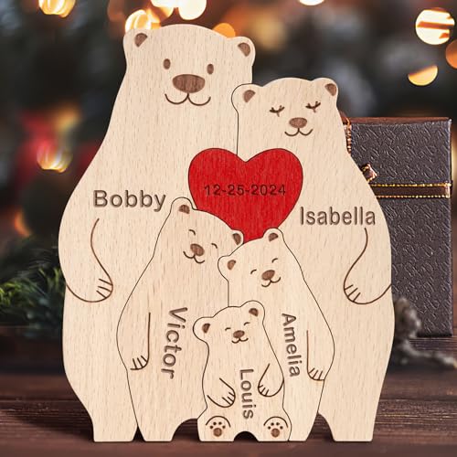 Personalisiertes Holzkunstpuzzle der Bärenfamilie mit 1-8 Namen,Holz Bär Tier Skulpturen Desktop Ornament Heim Büro Tischdekoration Ideen Geschenk für Weihnachts Jubiläum Muttervatertag Geburtstag von Yolnkos