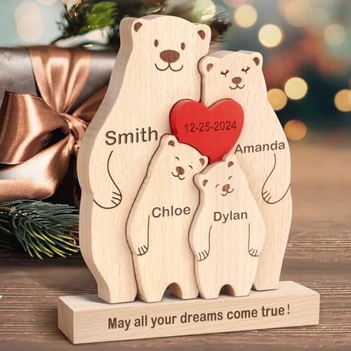 Personalisiertes Holzkunstpuzzle der Bärenfamilie mit 1-8 Namen,Holz Bär Tier Skulpturen Desktop Ornament Heim Büro Tischdekoration Ideen Geschenk für Weihnachts Jubiläum Muttervatertag Geburtstag von Yolnkos